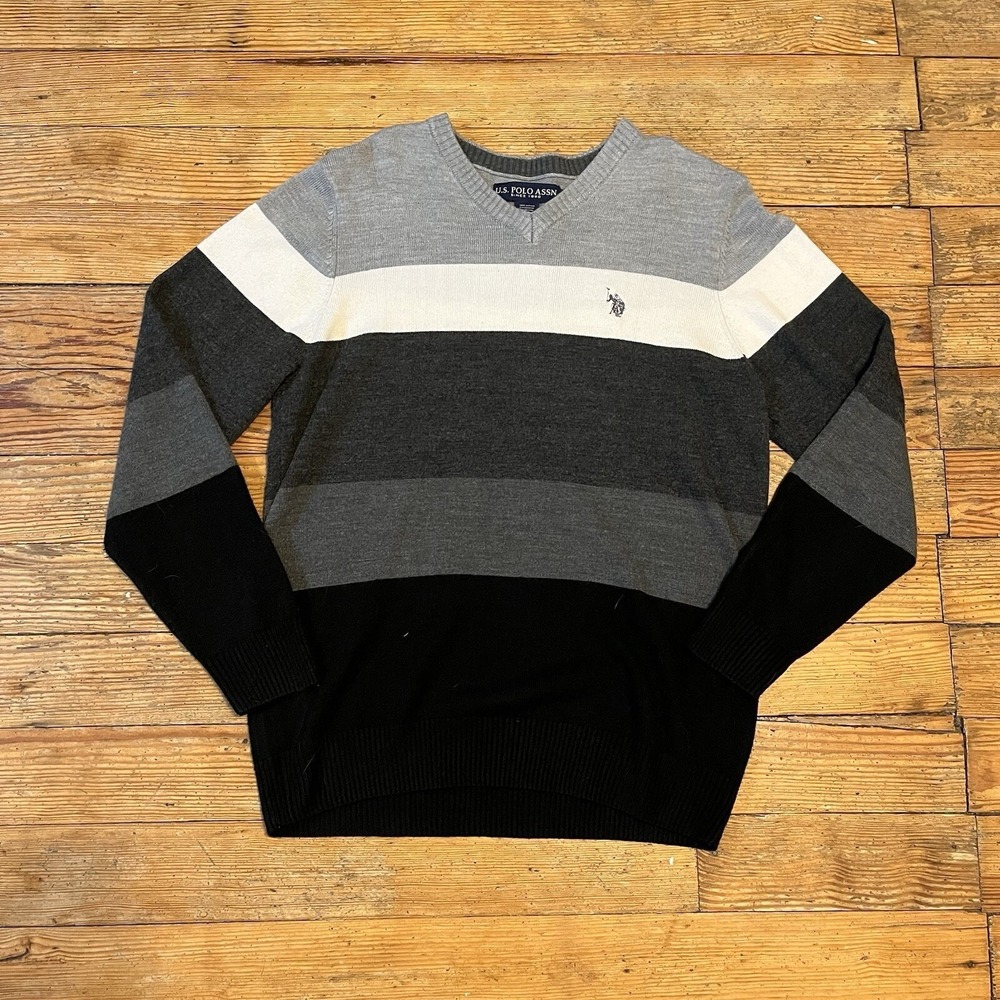 Polo Ralph Lauren Sweater V-Neck Small Gray Black Cream Stripes Pony Logo Small